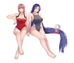 Rule 34 | 2girls, absurdly long hair, bare shoulders, blush, breasts, cleavage, fate/grand order, fate (series), florence nightingale (fate), highres, invisible chair, large breasts, long hair, looking at viewer, minamoto no raikou (fate), multiple girls, nhaliz, one-piece swimsuit, pink hair, purple eyes, purple hair, red eyes, simple background, sitting, smile, swimsuit, very long hair, white background