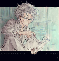 Rule 34 | 1boy, alternate costume, bespectacled, bleach, book, character name, collared shirt, commentary, contemporary, earrings, english commentary, glasses, green eyes, hair behind ear, hair between eyes, hand up, highres, hitsugaya toushirou, holding, holding book, index finger raised, indoors, jewelry, knee up, library, long sleeves, looking down, male focus, open book, pants, parted lips, reading, round eyewear, shirt, short hair, simple background, sitting, solo, spiked hair, stud earrings, upper body, white hair, white pants, white shirt, ze ro