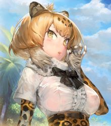 Rule 34 | 10s, 1girl, animal ears, aos, blonde hair, blue sky, bow, bowtie, breasts, cloud, cloudy sky, day, elbow gloves, from below, gloves, jaguar (kemono friends), kemono friends, large breasts, looking at viewer, nipples, outdoors, parted lips, see-through, short hair, sky, solo, sweat, tsurime, underbust