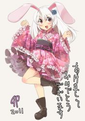 Rule 34 | 1girl, animal ears, bad id, bad pixiv id, boots, japanese clothes, long hair, original, rabbit ears, red eyes, sil, solo, supershiruco, white hair