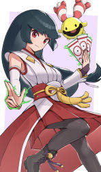 Rule 34 | 1girl, black hair, black pantyhose, breasts, chingling, closed mouth, creatures (company), detached sleeves, floating hair, game freak, gen 4 pokemon, gonzarez, hakama, hakama skirt, highres, holding, japanese clothes, kuji-in, long hair, looking at viewer, low-tied long hair, miko, nintendo, official alternate costume, pantyhose, pokemon, pokemon (creature), pokemon masters ex, red eyes, sabrina (new year&#039;s 2022) (pokemon), sabrina (pokemon), sash, skirt, solo, standing, standing on one leg, talisman, telekinesis