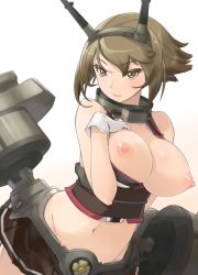 Rule 34 | 10s, 1girl, breasts, breasts out, brown hair, female focus, gloves, gradient background, hairband, kantai collection, large breasts, machinery, midriff, mutsu (kancolle), navel, nipples, short hair, skirt, smile, solo, yasu (yossy)