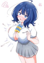 1girl @_@ blue_eyes blue_hair blush breasts buttons cleavage crazy_eyes hands_on_own_chest highres large_breasts legs looking_at_viewer make_heroine_ga_oo_sugiru! medium_hair nervous open_mouth popped_button school_uniform skirt solo swirl thighs tongue wardrobe_malfunction yanami_anna