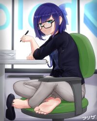 Rule 34 | 1girl, a-chan (hololive), barefoot, black-framed eyewear, black shirt, blue bow, blue eyes, blue hair, bow, commentary, denim, efreezerarts, english commentary, feet, foot focus, glasses, hair bow, highres, hololive, jeans, lanyard, long sleeves, looking at viewer, office lady, opaque glasses, pants, shirt, shoes, unworn shoes, short hair, soles, solo, swept bangs, toenails, toes, virtual youtuber