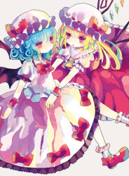 Rule 34 | 2girls, ascot, bat wings, blonde hair, blue hair, bow, bowtie, crystal, flandre scarlet, hat, hat ribbon, highres, hiyuu (hiyualice), mob cap, multicolored clothes, multicolored hair, multicolored wings, multiple girls, one side up, pink hat, puffy short sleeves, puffy sleeves, red ascot, red eyes, red skirt, red vest, remilia scarlet, ribbon, short hair, short sleeves, siblings, side ponytail, sisters, skirt, skirt set, touhou, vest, white hat, wings, wrist cuffs, yellow ascot
