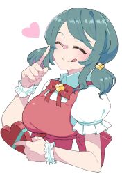 Rule 34 | 1girl, apron, blush, bow, bowtie, breasts, candy, chocolate, chocolate heart, closed eyes, cropped torso, facing viewer, food, green hair, hair ornament, hand up, heart, highres, holding, index finger raised, indie virtual youtuber, long hair, medium breasts, medium hair, puffy short sleeves, puffy sleeves, red bow, red bowtie, short sleeves, short twintails, sidelocks, simple background, smile, solo, sumi suya, sunao na kapipara, tongue, tongue out, twintails, upper body, virtual youtuber, white background, white wristband, wristband