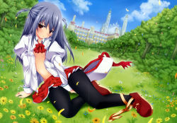 Rule 34 | 1girl, absurdres, arm support, asa project, black pantyhose, blush, brown eyes, brown footwear, building, bush, cloud, flower, forest, grass, grey hair, hat, hat ribbon, highres, hime nochi honey, long hair, long sleeves, looking at viewer, magazine scan, nature, navel, open clothes, open mouth, open shirt, pantyhose, petals, puffy sleeves, red neckwear, red skirt, ribbon, scan, school uniform, seidou erisu, shirt, shoes, sitting, skirt, sky, solo, sunflower, tree, twintails, unworn hat, unworn headwear, white hat, white shirt, yuunagi seshina