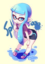 Rule 34 | 1girl, bent over, bike shorts, blue eyes, blue hair, blueberry (5959), domino mask, finger to mouth, hand on own knee, highres, inkling, inkling girl, inkling player character, long hair, mask, matching hair/eyes, monster girl, nintendo, pointing, pointing at self, pointy ears, shirt, shoes, simple background, sneakers, solo, splatoon (series), splatoon 1, t-shirt, tentacle hair, tongue, tongue out