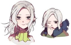 Rule 34 | 1boy, androgynous, black eyes, blue scarf, braid, closed mouth, dungeon meshi, grey hair, looking at viewer, male focus, mithrun, multiple views, notched ear, pointy ears, portrait, sanpaku, scarf, simple background, white background, yp (pypy 5 )