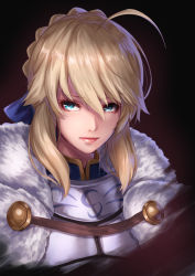 Rule 34 | 1girl, ahoge, alternate eye color, armor, artoria pendragon (all), artoria pendragon (fate), blonde hair, blue eyes, blue ribbon, braid, breastplate, brown background, cloak, closed mouth, fate/grand order, fate/stay night, fate (series), french braid, fur-trimmed cloak, fur trim, hair between eyes, hair ribbon, lips, looking at viewer, portrait, re (re 09), ribbon, saber (fate), short hair, sidelocks, solo, upper body, white cloak