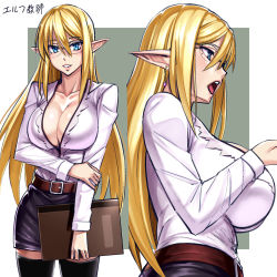 Rule 34 | 1girl, blonde hair, blue eyes, breasts, cleavage, earrings, elf, female focus, glasses, jewelry, large breasts, long hair, looking at viewer, mole, mole under eye, multiple views, nyamota, open mouth, original, parted lips, pointy ears, smile, standing, thighhighs, zettai ryouiki