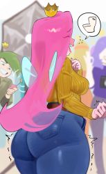 Rule 34 | 1boy, 1girl, animification, ass, belt, blue pants, breasts, brown belt, cosmo (fairly oddparents), cowboy shot, crown, eyes visible through hair, fairy wings, floating crown, green hair, highres, long hair, long sleeves, medium breasts, nia (nia4294), pants, pink hair, shirt, shirt tucked in, solo focus, speech bubble, the fairly oddparents, toilet, very long hair, wanda (fairly oddparents), wings, yellow shirt