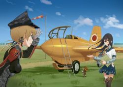 Rule 34 | 3girls, aircraft, airplane, anchor hair ornament, aqua eyes, black hair, blonde hair, blue sailor collar, blue skirt, blue sky, brown legwear, clipboard, cloud, commentary request, cowboy shot, cross, day, fairy (kancolle), german text, green eyes, h k white, hair ornament, hairband, hat, hip vent, iron cross, kantai collection, lace, lace-trimmed legwear, lace trim, long hair, low twintails, military, military uniform, mitsubishi j8m, multiple girls, necktie, ooyodo (kancolle), outdoors, peaked cap, pilot, pleated skirt, prinz eugen (kancolle), red neckwear, sailor collar, school uniform, semi-rimless eyewear, serafuku, skirt, sky, twintails, under-rim eyewear, uniform, upper body, vehicle focus, windsock