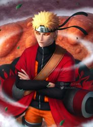 Rule 34 | 1boy, animal, artcami, blonde hair, closed mouth, coat, commentary request, crossed arms, dust, facial mark, forehead protector, frog, horizontal pupils, instagram username, leaf, male focus, naruto (series), naruto shippuuden, ninja, open mouth, oversized animal, red coat, scroll, scroll tube, sennin mode, short hair, slit pupils, smoke, solo focus, standing, toad (animal), toned, twitter username, uzumaki naruto, weapon, whisker markings, yellow eyes, zipper