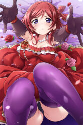 Rule 34 | 1girl, absurdres, bead necklace, beads, black panties, breasts, commentary request, dress, elbow gloves, flower, frilled dress, frills, gloves, highres, jewelry, kirisaki reina, knees up, love live!, love live! school idol project, lying, medium breasts, necklace, nishikino maki, on back, open hands, outstretched arms, panties, pantyshot, parted lips, petals, purple eyes, purple gloves, purple thighhighs, red dress, red flower, red hair, red rose, revision, rose, rose petals, solo, thighhighs, thighs, underwear