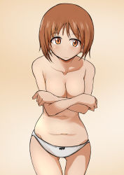 Rule 34 | 10s, 1girl, blush, bow, bow panties, breast hold, breasts, brown eyes, brown hair, covering privates, covering breasts, cowboy shot, daitoutei, girls und panzer, highres, looking at viewer, medium breasts, nishizumi miho, panties, pink background, short hair, solo, standing, topless, underwear, white panties