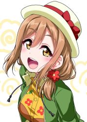 Rule 34 | 1girl, :d, blush, bow, brown hair, commentary request, drawstring, floral print, flower, green jacket, hair flower, hair ornament, hair over shoulder, hat, hat bow, jacket, kunikida hanamaru, long hair, looking at viewer, love live!, love live! school idol festival, love live! sunshine!!, love live! sunshine!! the school idol movie over the rainbow, low-tied long hair, open mouth, orange skirt, red bow, red flower, skirt, smile, solo, upper body, white hat, yellow eyes, yopparai oni
