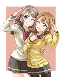 Rule 34 | 10s, 2girls, arm around back, black skirt, blue eyes, border, bow, bowtie, brown eyes, brown hair, buttons, cowboy shot, double-breasted, grey hair, grin, kunikida hanamaru, long hair, long sleeves, looking at viewer, love live!, love live! sunshine!!, miniskirt, multiple girls, one eye closed, open mouth, outside border, pantyhose, pleated skirt, red background, red bow, red bowtie, salute, school uniform, serafuku, seven (11), short hair, simple background, skirt, smile, sweatdrop, watanabe you, wavy mouth, white border, yellow bow, yellow bowtie