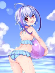 Rule 34 | 1girl, ahoge, antenna hair, ass, azure striker gunvolt, bare shoulders, bikini, blue bikini, blush, breasts, cougar (cougar1404), dimples of venus, from behind, gradient hair, joule (gunvolt), looking at viewer, looking back, multicolored hair, open mouth, purple eyes, purple hair, shiny clothes, shiny skin, short hair with long locks, sideboob, small breasts, smile, solo, swimsuit