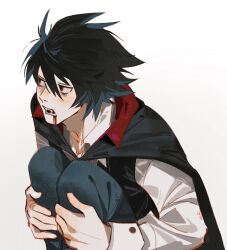 Rule 34 | 1boy, bags under eyes, black hair, blood, blood on face, blue pants, cape, death note, fangs, hair between eyes, highres, holding legs, l (death note), long sleeves, looking to the side, male focus, open mouth, pants, rightgate, shirt, short hair, simple background, sitting, solo, vampire, white shirt