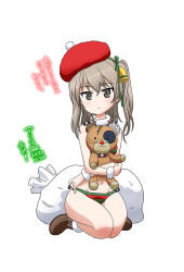 Rule 34 | 1girl, bell, beret, bikini, black footwear, boko (girls und panzer), boots, brown eyes, christmas, closed mouth, commentary, dated, expressionless, fur-trimmed footwear, fur trim, girls und panzer, green bikini, green ribbon, hair bell, hair ornament, hair ribbon, hat, holding, holding stuffed toy, kneeling, light brown hair, long hair, looking at viewer, multicolored bikini, multicolored clothes, nanashiro gorou, navel, one side up, red bikini, red hat, ribbon, sack, santa bikini, shimada arisu, simple background, solo, stuffed animal, stuffed toy, swimsuit, teddy bear, tilted headwear, translated, white background