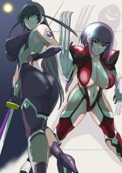 Rule 34 | 2girls, artist request, ass, blue hair, bodysuit, breasts, curvy, grin, highleg, highleg leotard, holding, holding sword, holding weapon, igawa asagi, large breasts, leotard, looking at viewer, looking to the side, multiple girls, night, night sky, oboro (taimanin asagi), purple hair, sky, smile, sword, taimanin (series), taimanin asagi, weapon