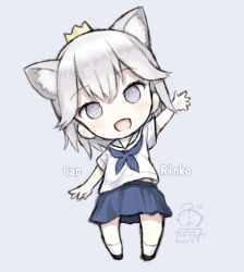 Rule 34 | 1girl, :d, animal ear fluff, animal ears, arm up, bad id, bad pixiv id, black footwear, blue neckwear, blue skirt, capriccio, character name, chibi, commentary request, crown, dated, full body, grey background, grey eyes, hair between eyes, kapu rinko, looking at viewer, mini crown, open mouth, original, outstretched arm, pleated skirt, sailor collar, school uniform, serafuku, shirt, short sleeves, signature, silver hair, simple background, skirt, smile, socks, solo, standing, virtual youtuber, white sailor collar, white shirt, white socks