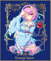 Rule 34 | 1girl, arm up, black background, black hairband, blouse, blue outline, blue shirt, character name, closed mouth, cropped legs, flower, frilled sleeves, frills, hairband, heart, highres, komeiji satori, konnoinari, long sleeves, looking at viewer, one eye closed, outline, pink eyes, pink hair, pink skirt, rose, shirt, short hair, skirt, solo, third eye, touhou, wide sleeves
