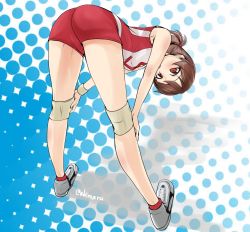 Rule 34 | 1girl, abimaru gup, ass, bent over, blue background, brown eyes, brown hair, commentary request, cross-laced footwear, from behind, full body, girls und panzer, hair tie, hands on own knees, highres, kawanishi shinobu, knee pads, looking at viewer, looking back, one-hour drawing challenge, open mouth, partial commentary, polka dot, polka dot background, red shirt, red shorts, red socks, shirt, shoes, short hair, short ponytail, short shorts, shorts, sleeveless, sleeveless shirt, sneakers, socks, solo, sportswear, standing, swept bangs, twintails, volleyball uniform, white footwear, wristband