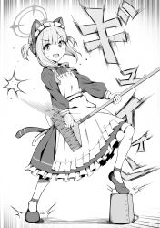 Rule 34 | 1girl, :d, air guitar, animal ears, apron, blue archive, bow, bowtie, bucket, cat ear panties, commentary request, fake animal ears, frilled apron, frills, full body, greyscale, hair bow, hair ribbon, halo, highres, holding, holding mop, karikura (atatata71), long sleeves, looking at viewer, maid, maid headdress, momoi (blue archive), momoi (maid) (blue archive), monochrome, mop, official alternate costume, official alternate hairstyle, open mouth, panties, ribbon, short hair, sidelocks, simple background, smile, solo, standing, translation request, twintails, underwear