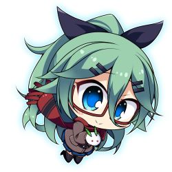 Rule 34 | 10s, alternate costume, big head, black skirt, blue eyes, blush, brown scarf, chibi, commentary request, deformed, glasses, green hair, hair between eyes, hair ornament, hairclip, jacket, kantai collection, peta (taleslove596), scarf, simple background, skirt, smile, snow rabbit, solo, thighhighs, yamakaze (kancolle)