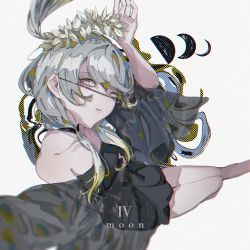 Rule 34 | 1girl, bare shoulders, black dress, breasts, brown hair, character name, dress, foot out of frame, grey eyes, grey hair, head wreath, highres, moon, moon phases, multicolored hair, original, personification, see-through, small breasts, solo, to/garashi, two-tone hair, white background, wide sleeves