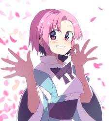 Rule 34 | 1girl, alternate hairstyle, anarogumaaa, arm garter, blue kimono, blush, commentary request, grin, hands up, japanese clothes, kimono, long sleeves, looking at viewer, no headwear, obi, ok sign, open hand, petals, pink eyes, pink hair, ribbon, saigyouji yuyuko, sash, short hair, sidelocks, simple background, smile, solo, teeth, touhou, upper body, white background, wide sleeves