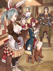 Rule 34 | 2boys, 2girls, :d, ahoge, alternate costume, animal ears, apron, atelier (series), atelier sophie, bad tag, beard stubble, black hair, black pants, black ribbon, black thighhighs, blue hair, boots, bottle, braid, breasts, brown dress, brown footwear, brown shirt, c:, cleavage, cleavage cutout, closed eyes, closed mouth, clothing cutout, coat, commentary, cross-laced footwear, cup, double-parted bangs, dress, drinking glass, eyebrows hidden by hair, facial hair, fake animal ears, frilled apron, frilled hairband, frills, fritz weissberg, green coat, grey hair, hair between eyes, hairband, highres, holding, holding cup, holding glass bottle, holding plate, horst basler, indoors, juliet sleeves, long sleeves, looking at viewer, medium breasts, medium hair, miniskirt, multiple boys, multiple girls, mustache stubble, one eye closed, open mouth, pants, plate, puffy sleeves, red eyes, red hair, red skirt, ribbon, shirt, short hair, side ponytail, sitting, skirt, smile, sophie neuenmuller, standing, stubble, sweatdrop, tess heitzmann, thighhighs, very short hair, waist apron, white apron, white bag, white footwear, white hairband, white shirt, wide sleeves, wine bottle, wine glass, yellow headdress, yurai0739