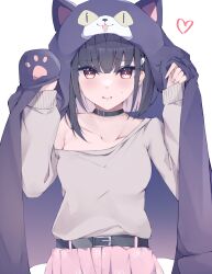 Rule 34 | 1girl, absurdres, alternate costume, animal ears, animal hands, black choker, black hair, blanket, blue archive, blunt ends, blush, breasts, casual, cat ears, cat paws, choker, collarbone, colored inner hair, cowboy shot, frown, grey sweater, hair ornament, hairclip, heart, highres, hojiro same, kazusa (blue archive), long sleeves, looking at viewer, medium breasts, multicolored hair, navel, nervous smile, off-shoulder sweater, off shoulder, pink hair, red eyes, short hair, simple background, skirt, smile, solo, sweatdrop, sweater, two-tone hair, wavecat (blue archive), white background