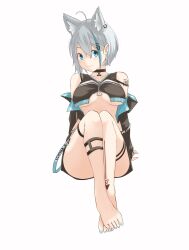 Rule 34 | 1girl, ahoge, animal ear piercing, animal ears, barefoot, black choker, black jacket, black shorts, black sports bra, blue eyes, blue hair, blue nails, blush, choker, closed mouth, commentary request, dog ears, dog girl, earrings, fingernails, full body, grey hair, hair ornament, hairclip, highres, jacket, jacket partially removed, jewelry, long bangs, looking at viewer, lovermoonlight, multicolored hair, nail polish, nanashi inc., official alternate costume, short hair, shorts, simple background, single earring, smile, solo, souya ichika, souya ichika (4th costume), sports bra, streaked hair, thigh strap, toenail polish, toenails, toes, triangle hair ornament, two-tone hair, virtual youtuber, white background