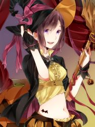 Rule 34 | 1girl, alternate costume, bad id, bad pixiv id, breasts, broom, cape, capelet, d.gray-man, halloween, hand on headwear, hat, jack-o&#039;-lantern, lenalee lee, looking at viewer, maki (lovyu), midriff, open mouth, purple eyes, purple hair, ribbon, short cape, smile, solo, witch, witch hat