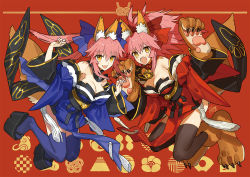 Rule 34 | 2girls, animal ear fluff, animal ears, animal feet, animal hands, bare shoulders, bell, black legwear, blue bow, blue kimono, blue thighhighs, bow, breasts, cat paws, claws, cleavage, collar, commentary request, detached sleeves, fang, fangs, fate/extra, fate/extra ccc, fate/grand order, fate (series), folding fan, fox ears, fox girl, fox tail, full body, hair between eyes, hair bow, hand fan, japanese clothes, jingle bell, jumping, kimono, knot, large breasts, long hair, long sleeves, looking at viewer, mountain, mouse (animal), multiple girls, neck bell, obi, open mouth, pink hair, platform clogs, platform footwear, ponytail, red background, red bow, red kimono, rope, sash, sidelocks, signature, skin fang, smile, split ponytail, symbol, tail, tamamo (fate), tamamo cat (fate), tamamo cat (first ascension) (fate), tamamo no mae (fate/extra), thighhighs, tongue, wada arco, wide sleeves, yellow eyes, zettai ryouiki