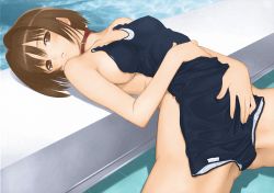 Rule 34 | 1girl, breasts, brown eyes, brown hair, choker, clothes in front, covering privates, covered erect nipples, looking at viewer, nude cover, one-piece swimsuit, pool, school swimsuit, sideboob, solo, swimsuit, tony taka, water