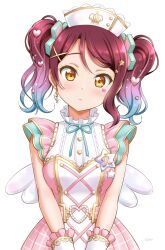 Rule 34 | 1girl, :&lt;, blue hair, ckst, commentary, dress, eye tattoo, gradient hair, hair ornament, hat, head tilt, heart, heart belt, heart hair ornament, heart tattoo, highres, looking at viewer, love live!, love live! school idol festival all stars, love live! sunshine!!, low wings, medium hair, multicolored hair, nurse cap, official alternate costume, pink dress, red hair, sakurauchi riko, short sleeves, signature, simple background, single sidelock, solo, straight-on, string tie, tattoo, twintails, upper body, v arms, white background, white hat, wings, yellow eyes