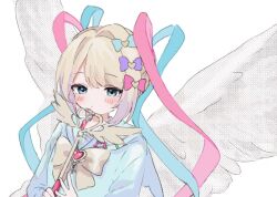 Rule 34 | 1girl, blonde hair, blue bow, blue eyes, blue hair, blue shirt, blush, bow, chouzetsusaikawa tenshi-chan, closed mouth, feathered wings, hair bow, hair ornament, heart, heart hair ornament, holding, holding wand, kabe (zp66104), long hair, long sleeves, looking at viewer, multicolored hair, needy girl overdose, pink bow, pink hair, purple bow, quad tails, shirt, simple background, solo, upper body, wand, white background, white wings, wings, yellow bow