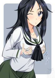 Rule 34 | 1girl, ;o, artist logo, black neckerchief, blouse, blue eyes, blue hair, commentary, freckles, girls und panzer, grabbing own breast, green skirt, grey background, highres, ichijou takakiyo, leaning forward, long hair, long sleeves, looking at viewer, motion lines, neckerchief, one eye closed, ooarai school uniform, pleated skirt, puckered lips, rounded corners, sailor collar, school uniform, shirt, skirt, solo, standing, translated, white sailor collar, white shirt, yamagou ayumi