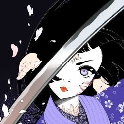 Rule 34 | 1girl, au ra, warrior of light (ff14), black hair, closed mouth, colored skin, final fantasy, final fantasy xiv, floral print, halphelt, head tilt, highres, horns, japanese clothes, katana, kimono, lipstick, looking at viewer, makeup, one eye covered, print kimono, purple eyes, purple kimono, red lips, scales, solo, sword, weapon, white skin