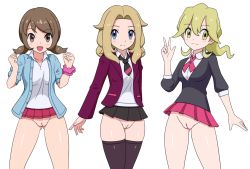 Rule 34 | 3girls, :d, black legwear, blonde hair, blue eyes, blush, bottomless, breasts, brown eyes, brown hair, cardigan, cleft of venus, clenched hands, collared shirt, creatures (company), female focus, game freak, hand up, hands up, highres, jacket, lass (pokemon), long hair, looking at viewer, low twintails, microskirt, multiple girls, necktie, nintendo, no panties, open mouth, pleated skirt, pokemon, pokemon oras, pokemon swsh, pokemon xy, ponytail, pussy, scrunchie, shirt, short hair, short twintails, simple background, skirt, smile, standing, thighhighs, twintails, uncensored, w, wasabi-joyu, white background, wrist scrunchie, yellow eyes