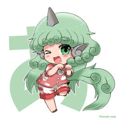 Rule 34 | &gt; o, 1girl, ;d, text background, bad id, bad pixiv id, blush, brown footwear, chibi, collared shirt, commentary request, curly hair, fang, full body, green eyes, green hair, heart, horns, kariyushi shirt, komano aunn, long hair, looking at viewer, noai nioshi, one eye closed, open mouth, outline, red shirt, shirt, short sleeves, shorts, single horn, smile, solo, standing, standing on one leg, tail, thick eyebrows, touhou, translation request, twitter username, very long hair, white background, white outline, white shorts