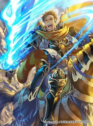 Rule 34 | 1boy, aged down, armor, belt, blue armor, blue eyes, blue fire, blue footwear, brown gloves, brown hair, cape, collar, copyright name, debris, fire, fire emblem, fire emblem: path of radiance, fire emblem cipher, gauntlets, gawain (fire emblem), gloves, greaves, greil, holding, holding sword, holding weapon, horseback riding, house, kita senri, male focus, nintendo, official art, open mouth, riding, rubble, serious, solo, sword, teeth, weapon, yellow cape