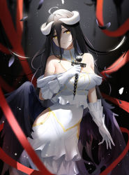 Rule 34 | 1girl, albedo (overlord), angel wings, bare shoulders, black background, black hair, black wings, breasts, closed mouth, demon horns, dress, elbow gloves, feathers, gloves, highres, holding, holding microphone, horns, large breasts, lips, long hair, looking at viewer, microphone, overlord (maruyama), qing wu, solo, standing, white dress, white gloves, wings, yellow eyes