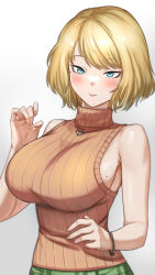 Rule 34 | 1girl, alternate breast size, ashley graham, bare shoulders, blonde hair, blush, breasts, closed mouth, commentary, english commentary, fingernails, green skirt, highres, jewelry, large breasts, lips, looking at viewer, mole, mole on breast, necklace, orange sweater, pink lips, resident evil, resident evil 4, resident evil 4 (remake), ribbed sweater, shinsaku (stan-art), short hair, simple background, skirt, sleeveless, sleeveless sweater, solo, sweater, swept bangs, turtleneck, turtleneck sweater, white background