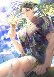 Rule 34 | 1boy, :q, bad id, bad twitter id, beach, bird, black hair, blue sky, cloud, commentary, day, food, food on face, haikyuu!!, hawaiian shirt, hemoon, holding, holding food, ice cream, ice cream cone, licking lips, looking at viewer, male focus, male swimwear, male underwear, ocean, outdoors, palm tree, parasol, print shirt, seagull, shirt, sitting, sky, solo, summer, suna rintarou, swim trunks, swimsuit, symbol-only commentary, tongue, tongue out, tree, twitter username, umbrella, underwear, water, white male swimwear, white swim trunks