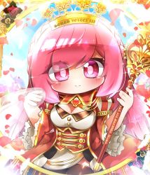 Rule 34 | 1girl, bad id, bad twitter id, breasts, chibi, cleavage, crown, dress, fleur-de-lis, h2o rutorinde, highres, holding, holding staff, looking at viewer, petals, pink eyes, pink hair, rasis, red dress, sidelocks, smile, solo, sound voltex, sound voltex ii infinite infection, staff, tiara